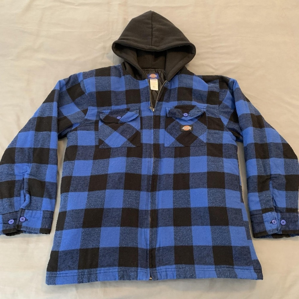 Dickies Jacket Boys XL 20 Blue Black Plaid Hooded Flannel‎ Quilted Lined Zip